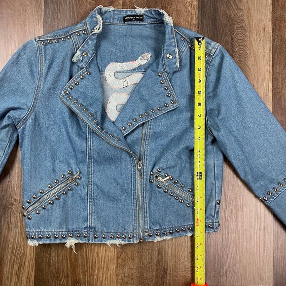 Fernanda Farah Snake Patch Denim Crop Moto Jacket Embroidered Studded Medium - Picture 11 of 14